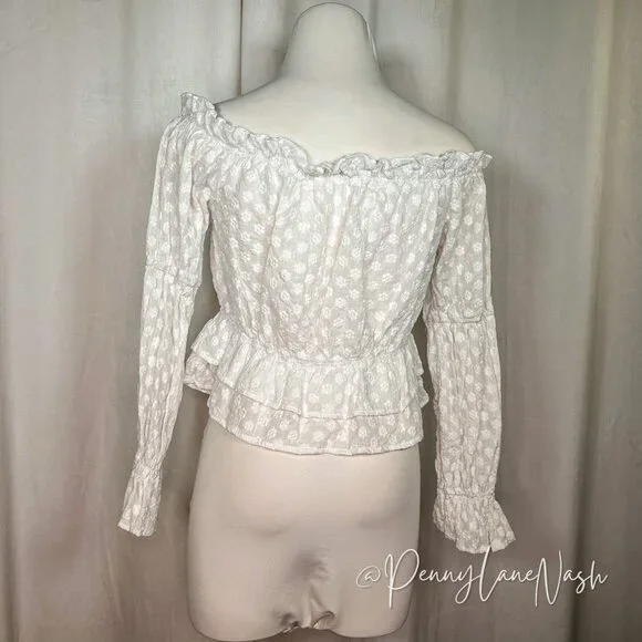 Shein Off Shoulder Floral Ruffle Hem Peplum Crop Top Blouse White - Picture 6 of 10